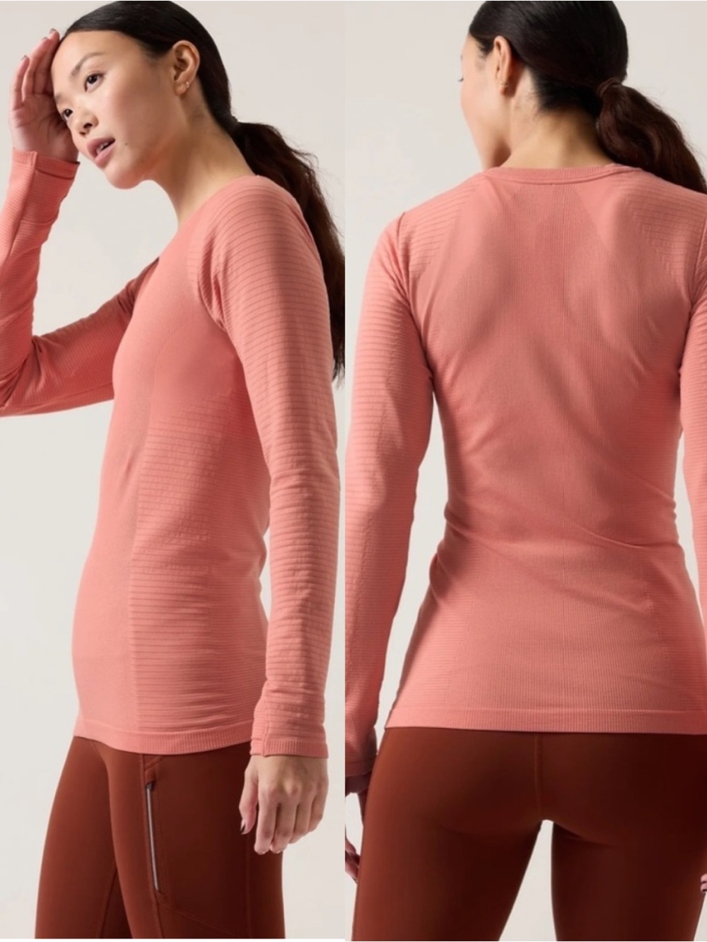 Athleta Flurry Blizzard Ribbed Seamless Crewneck Long Sleeve Top, Peach size M